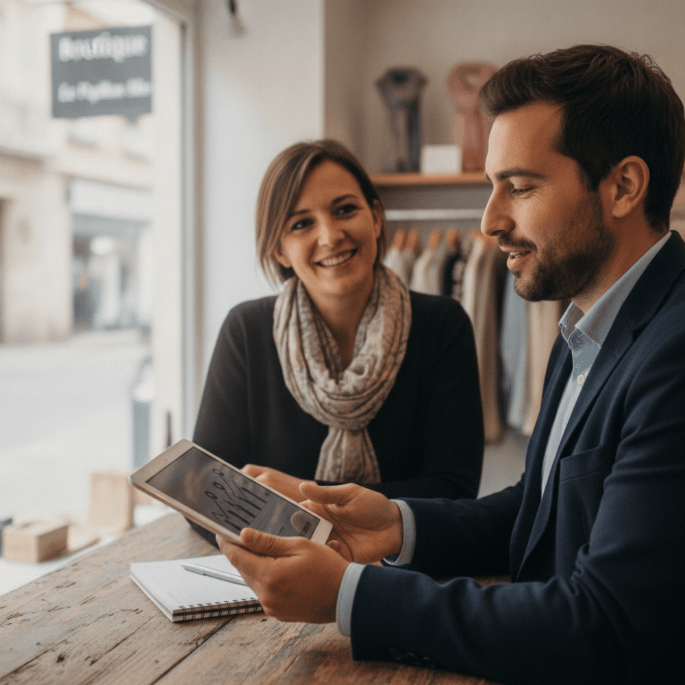 Freelance SEO présentant une stratégie de référencement local à un commerçant montpelliérain sur tablette
