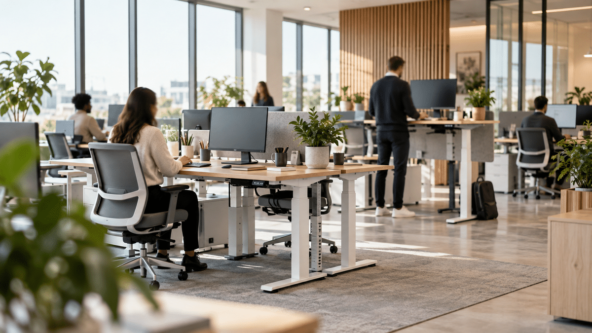Salariés utilisant des bureaux électriques réglables dans un espace de flex office lumineux